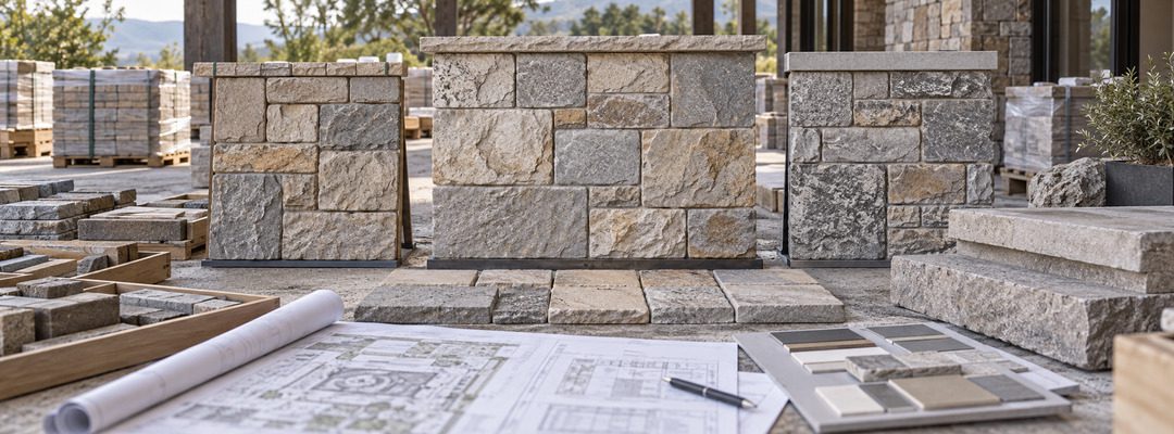 Tiny stone sample under a spotlight in front of a large varied natural-stone display.