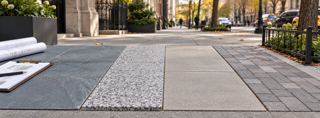 Conceptual stone sample stopped at an approval checkpoint before entering a New York streetscape.